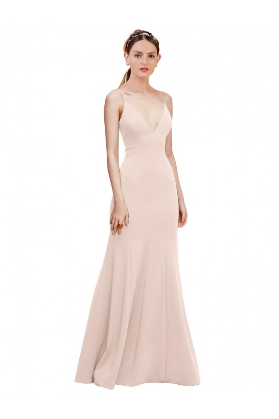 Affordable Stretch Crepe Pink A-Line V-Neck Long Wedding Party Dress UK