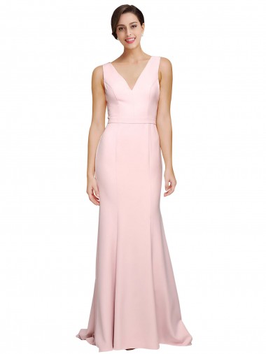 Affordable Stretch Crepe Pink A-Line V-Neck Sweep Train Semi Formal Evening Dress UK