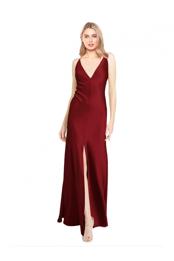Affordable Stretch Satin Burgundy A-Line V-Neck Long Evening Dresses UK