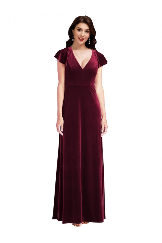 Affordable Stretch Velvet Burgundy A-Line V-Neck Long Maxi Evening Dress UK