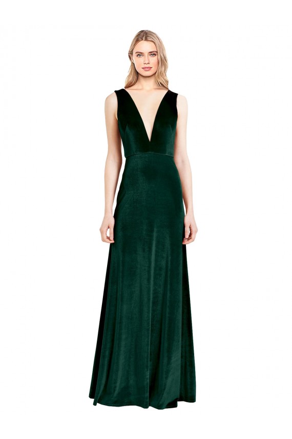 Affordable Stretch Velvet Dark Green A-Line V-Neck Long Wedding Party Dress UK