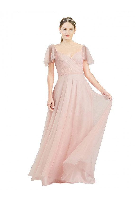 Affordable Tulle Pink A-Line V-Neck Long Semi Formal Evening Dress UK