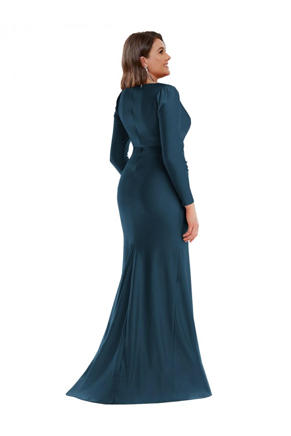Affordable Silky Satin Atlantic Blue Mermaid V-Neck Long Plus Size Evening Dress UK