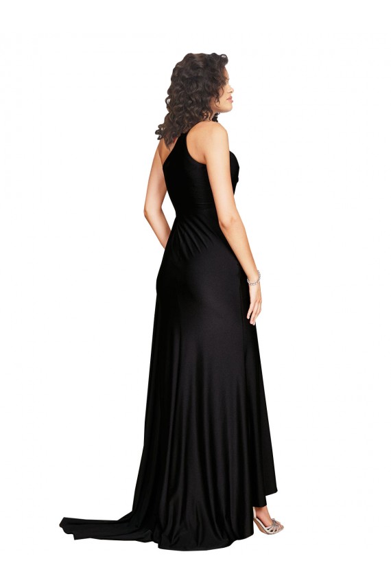 Affordable Silky Satin Black A-Line One Shoulder Long Sexy Evening Dress UK