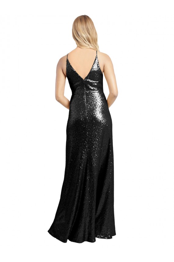 Affordable Sequin Black A-Line Spaghetti Straps Long Sexy Evening Dress UK