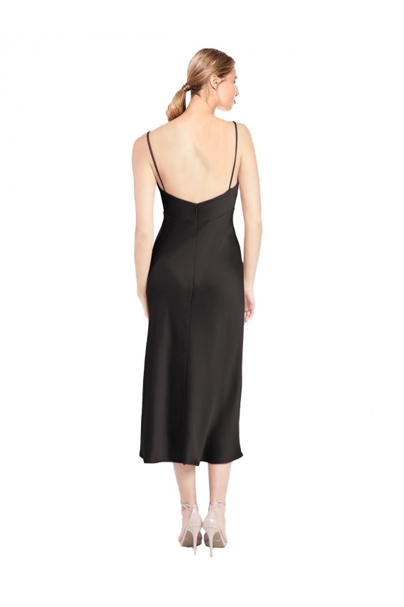 Affordable Stretch Satin Black A-Line Spaghetti Straps Midi Length Evening Dress UK