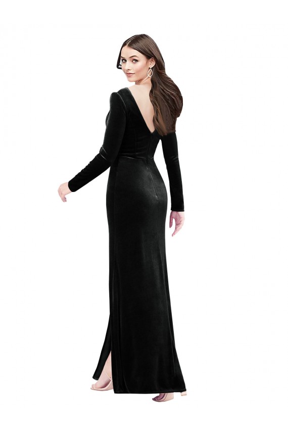Affordable Stretch Velvet Black Column V-Neck Long Evening Dress UK