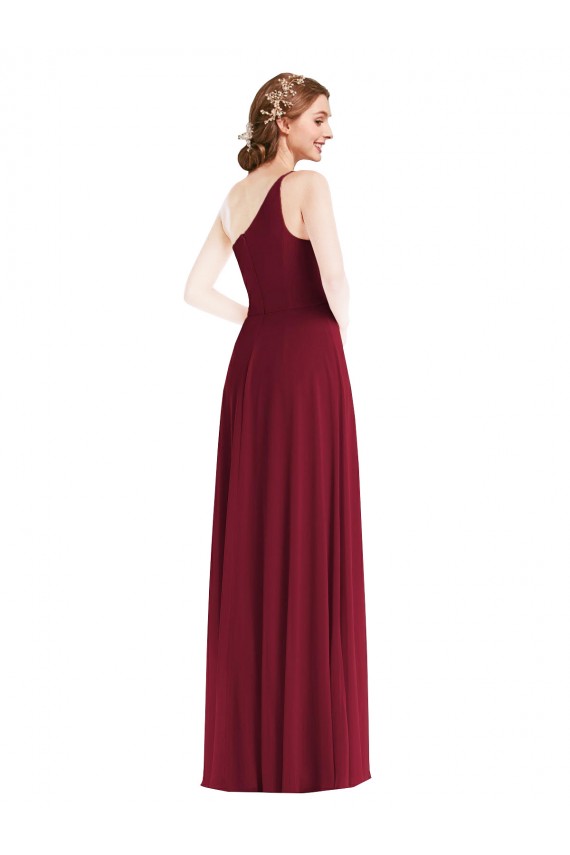 Affordable Soft Chiffon Burgundy A-Line One Shoulder Long Maxi Wedding Party Dress UK