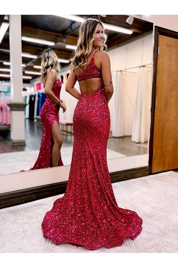 Affordable Velvet Sequin Burgundy Mermaid One Shoulder Sweep Train Long Evening Dress UK