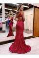 Affordable Velvet Sequin Burgundy Mermaid One Shoulder Sweep Train Long Evening Dress UK