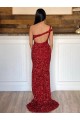 Affordable Velvet Sequin Burgundy Sheath One Shoulder Sweep Train Evening Dress UK