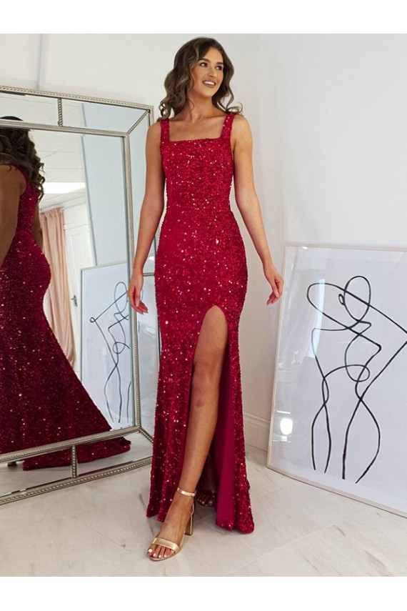 Affordable Velvet Sequin Burgundy Sheath Square Neck Long Evening Dress UK
