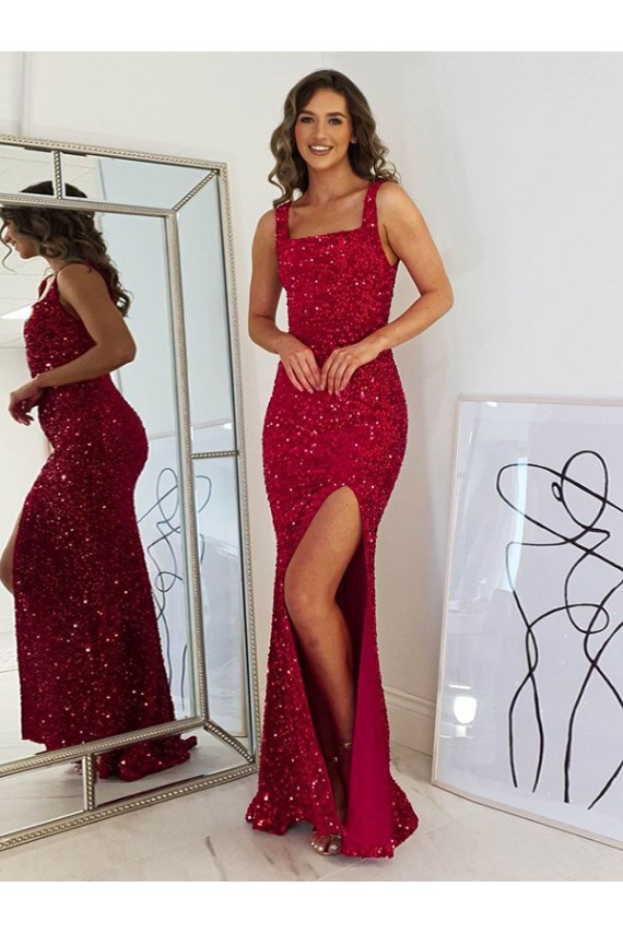 Affordable Velvet Sequin Burgundy Sheath Square Neck Long Evening Dress UK