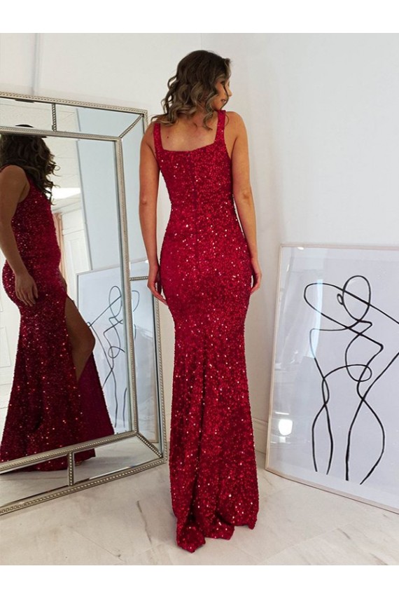 Affordable Velvet Sequin Burgundy Sheath Square Neck Long Evening Dress UK