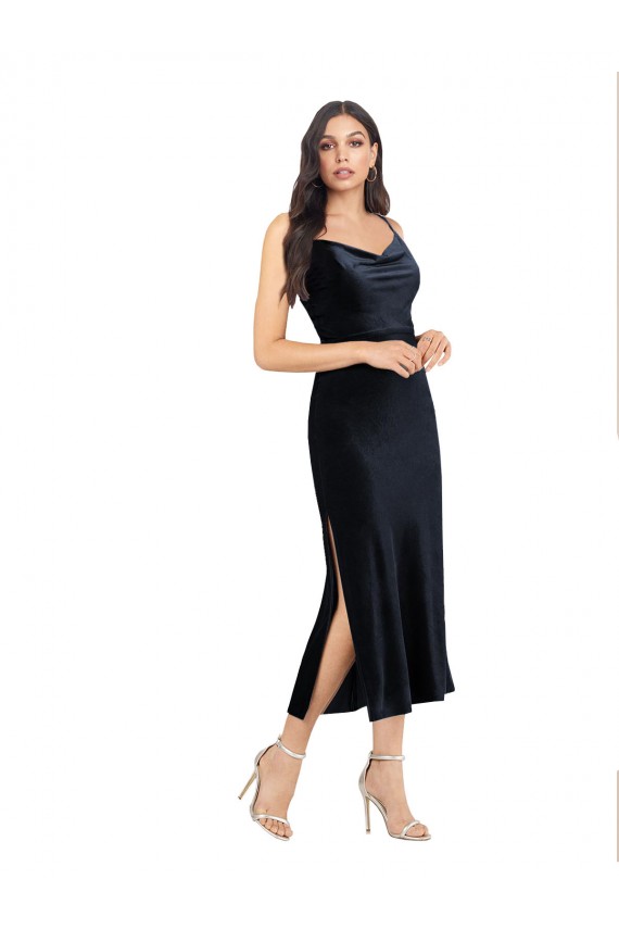 Affordable Stretch Velvet Dark Navy Column Cowl Neck Midi Length Evening Dress UK