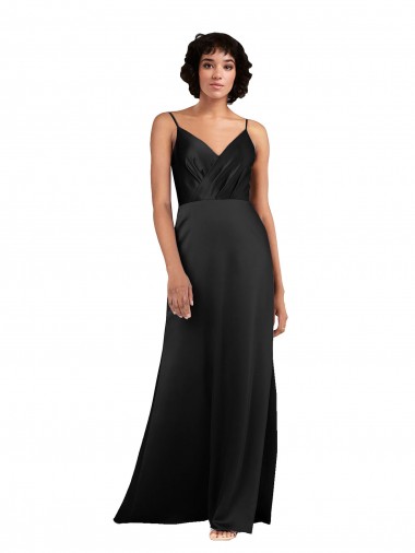 Affordable Silky Satin Black Column V-Neck Long Evening Dress UK