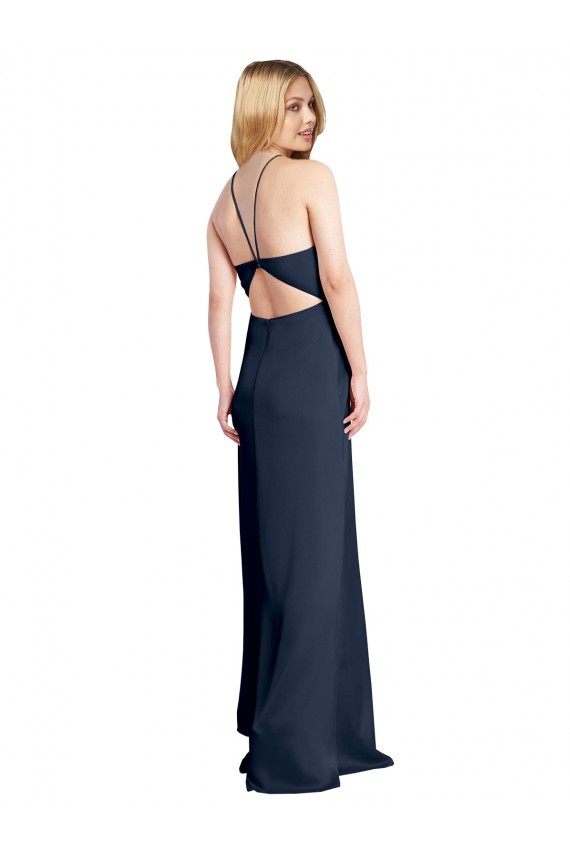 Affordable Stretch Satin Dark Navy A-Line Halter Neck Long Evening Dress UK