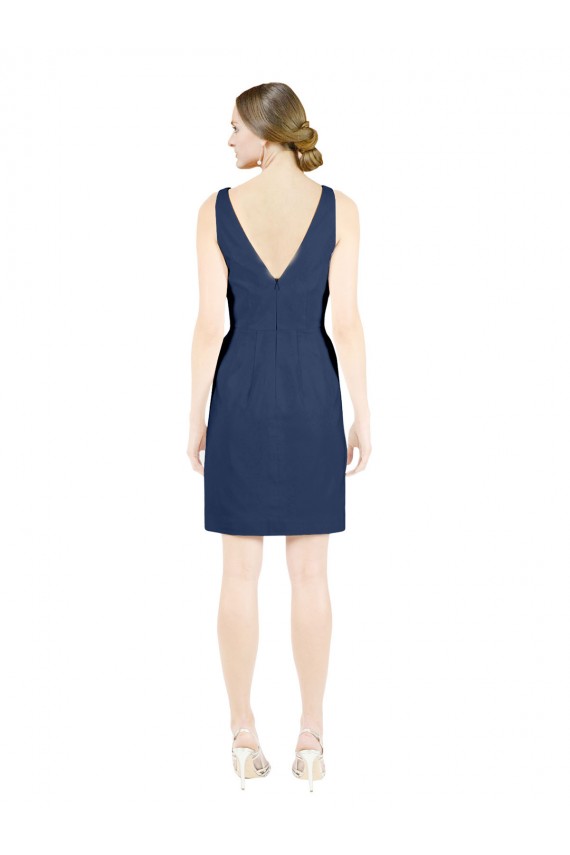 Affordable Satin Dark Navy A-Line V-Neck Knee Length Evening Dress UK
