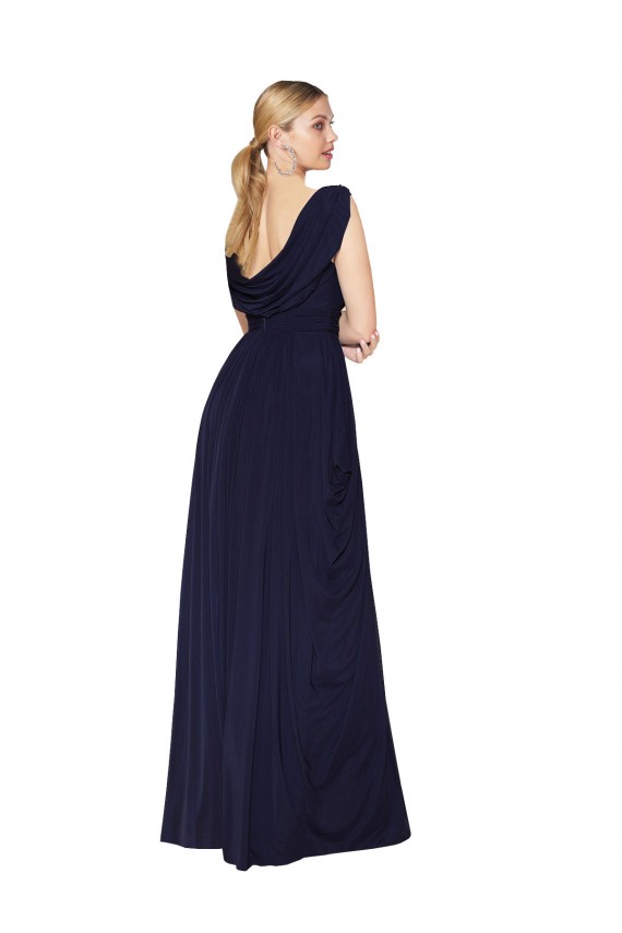 Affordable Soft Chiffon Dark Navy A-Line V-Neck Long Wedding Guest Dress UK
