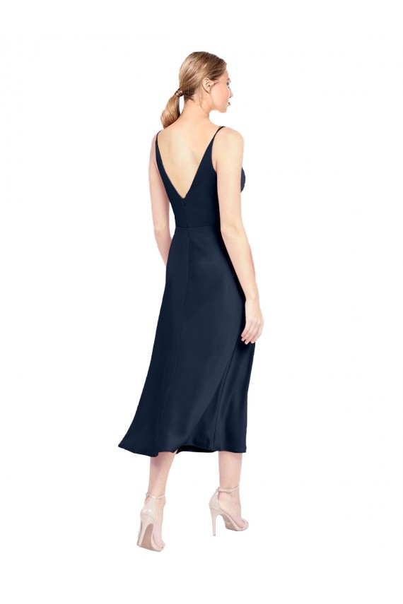 Affordable Stretch Satin Dark Navy A-Line V-Neck Midi Length Evening Dress UK