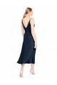 Affordable Stretch Satin Dark Navy A-Line V-Neck Midi Length Evening Dress UK