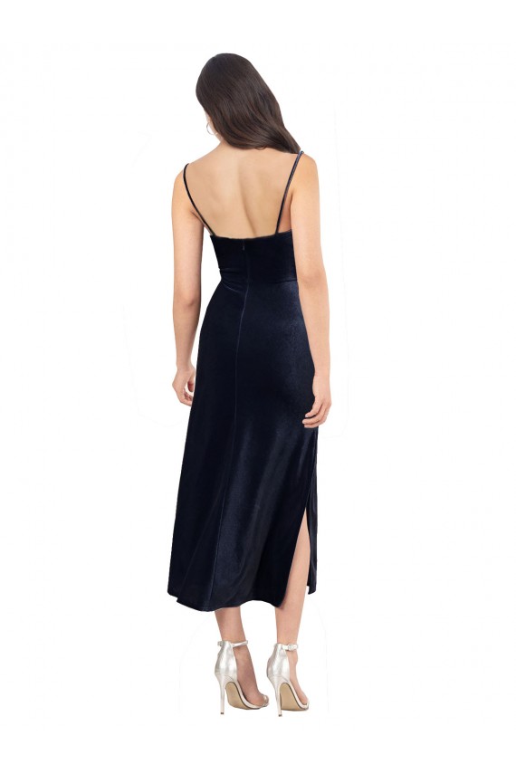 Affordable Stretch Velvet Dark Navy Column Cowl Neck Midi Length Evening Dress UK