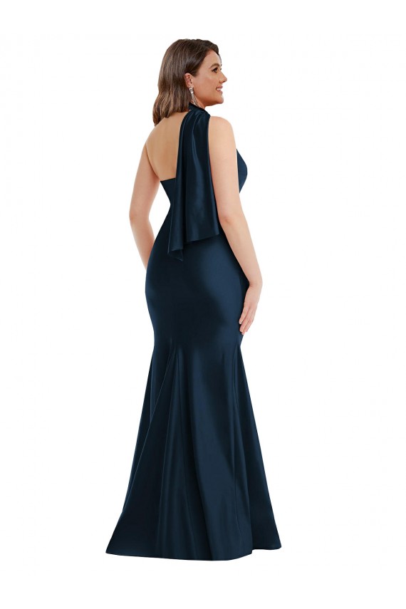 Affordable Silky Satin Dark Navy Mermaid One Shoulder Long Plus Size Evening Dress UK