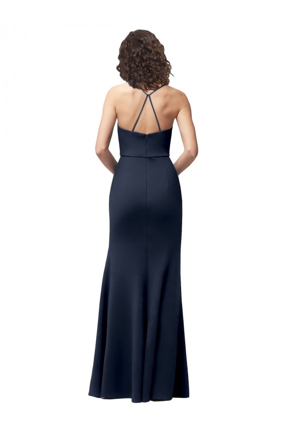 Affordable Stretch Crepe Dark Navy Sheath Spaghetti Straps Long Evening Dress UK