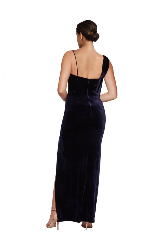 Affordable Stretch Velvet Dark Navy Sheath Spaghetti Straps Long Evening Dress UK