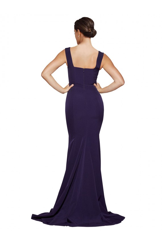 Affordable Stretch Crepe Dark Navy Sheath Square Neck Sweep Train Semi Formal Evening Dress UK