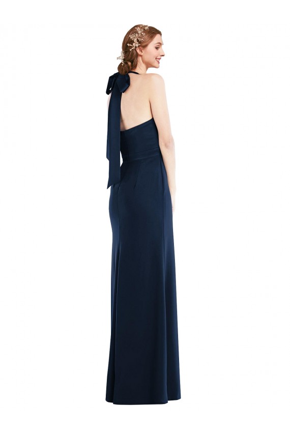 Affordable Stretch Crepe Dark Navy Trumpet High Neck Long Semi Formal Evening Dress UK