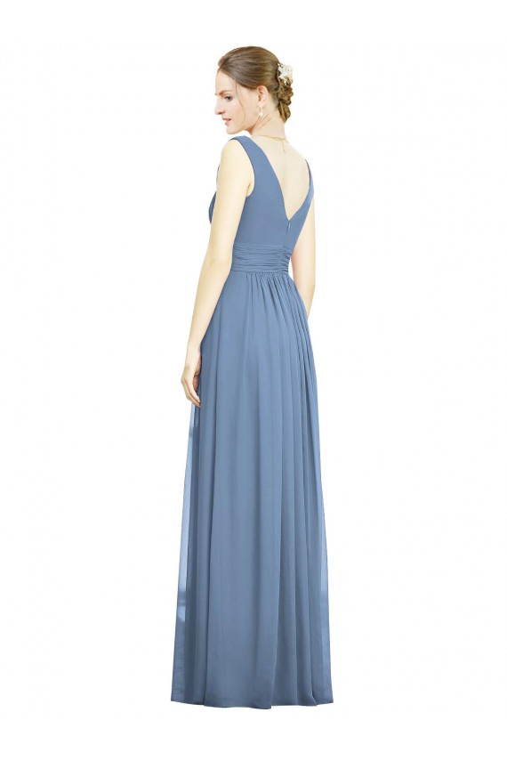 Affordable Soft Chiffon Dusty Blue A-Line V-Neck Long Maxi Evening Dress UK