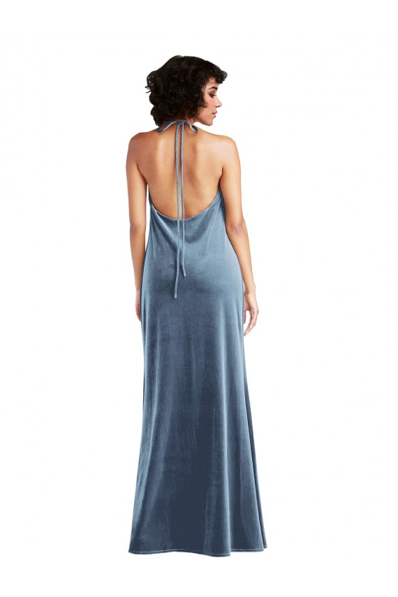 Affordable Stretch Velvet Dusty Blue Sheath Cowl Neck Long Maxi Wedding Party Dress UK