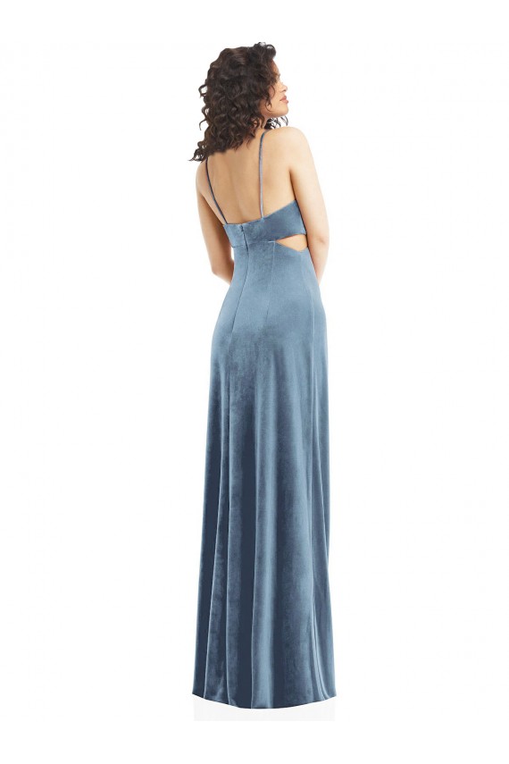 Affordable Stretch Velvet Dusty Blue Sheath Square Neck Long Maxi Evening Dress UK