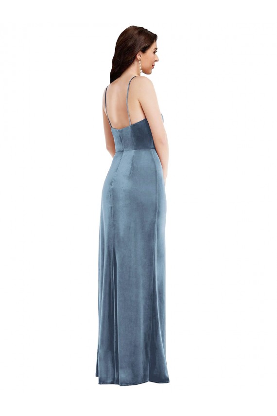 Affordable Stretch Velvet Dusty Blue Trumpet Spaghetti Straps Long Evening Maxi Dress UK