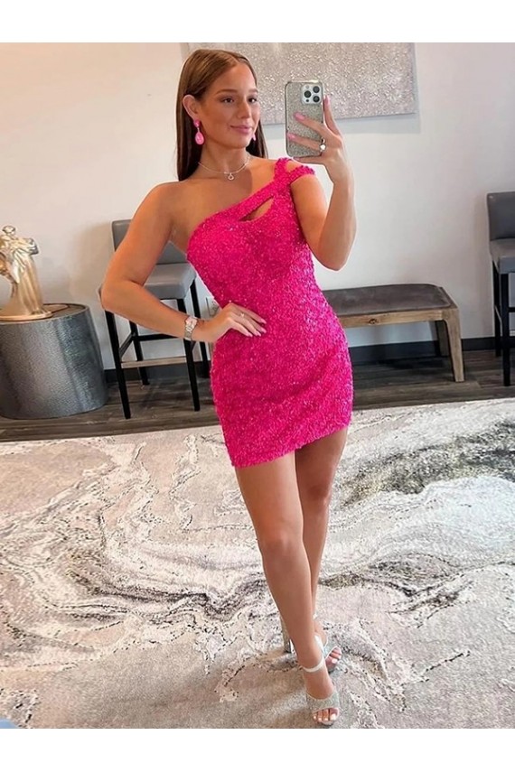 Affordable Velvet Sequin Fuchsia Sheath One Shoulder Short Short Evening Dress UK