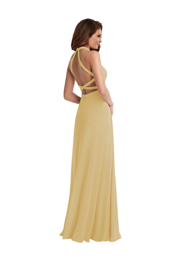 Affordable Soft Chiffon Gold A-Line Halter Neck Long Maxi Evening Dress UK