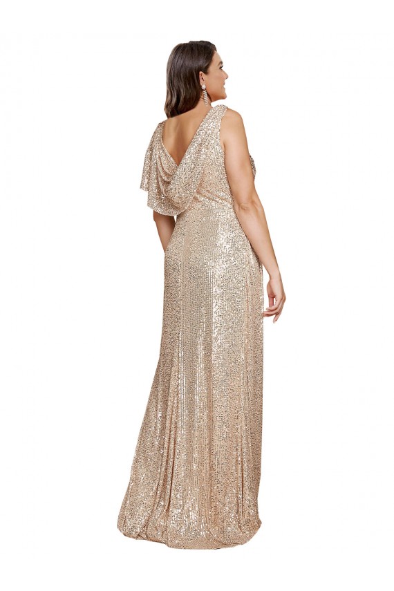 Affordable Sequin Gold A-Line V-Neck Long Sexy Plus Size Evening Dress UK