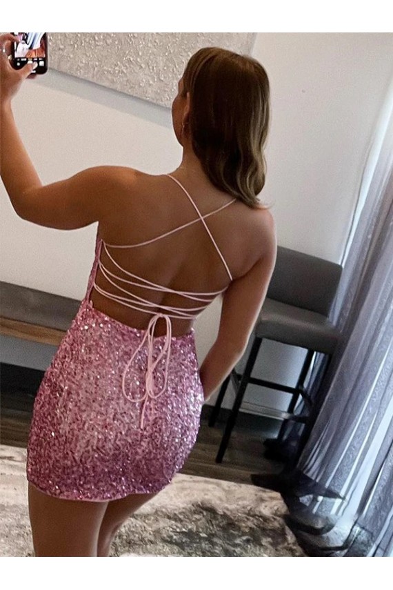 Affordable Velvet Sequin Hot Pink Sheath Spaghetti Straps Short Homecoming Dress UK