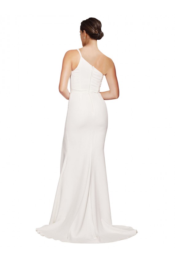 Affordable Stretch Crepe Ivory Sheath One Shoulder Sweep Train Semi Formal Bridal Party Dress UK