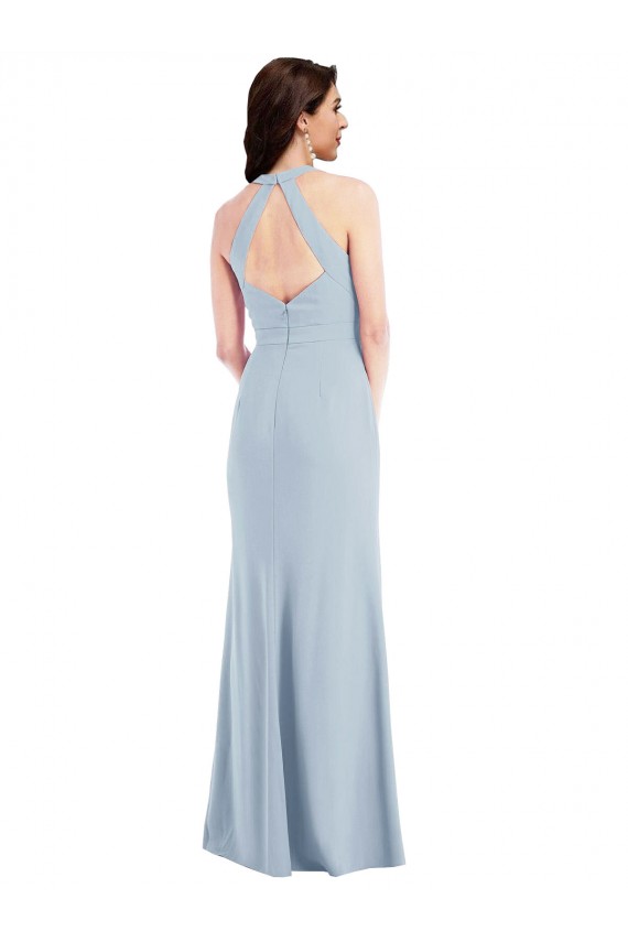 Affordable Stretch Crepe Light Sky Blue A-Line Halter Neck Long Maxi Evening Dress UK