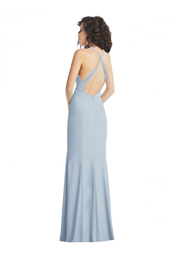 Affordable Stretch Crepe Light Sky Blue Trumpet Halter Neck Long Maxi Evening Dress UK