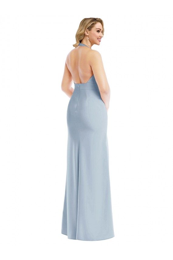 Affordable Stretch Crepe Light Sky Blue Trumpet Halter Neck Long Semi Formal Evening Dress UK