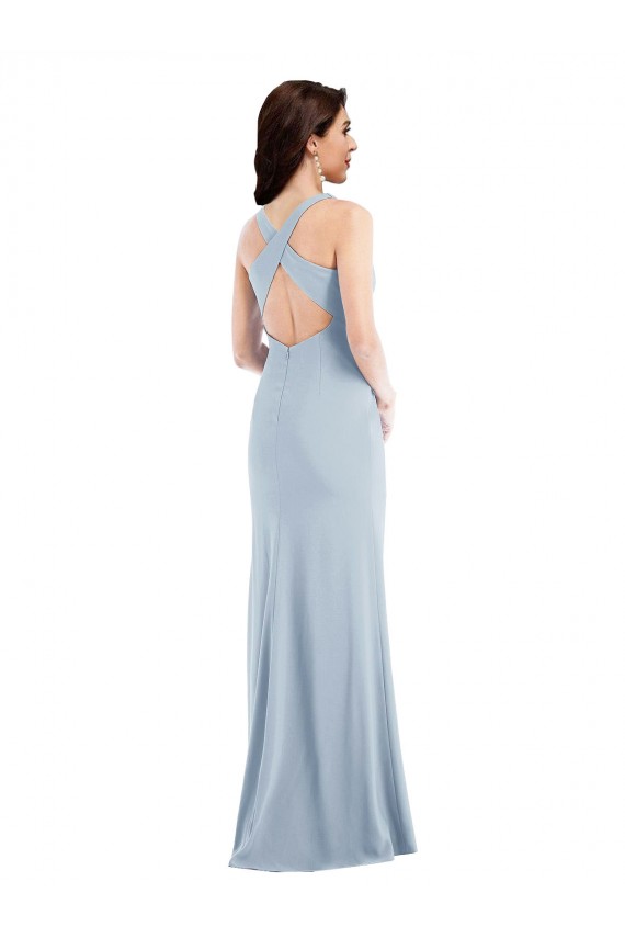 Affordable Stretch Crepe Light Sky Blue Trumpet V-Neck Long Maxi Wedding Party Dress UK