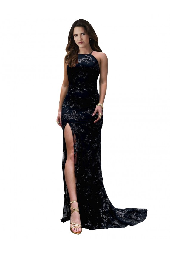 Affordable Lace Black Mermaid High Neck Long Sexy Evening Dress UK