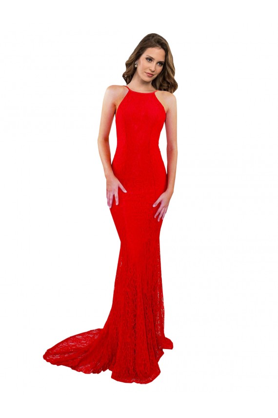 Affordable Lace Red Mermaid High Neck Long Sexy Evening Dress UK