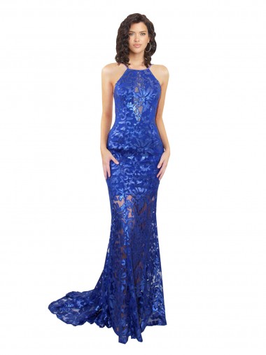 Affordable Lace Royal Blue Mermaid High Neck Long Semi Formal Evening Dress UK