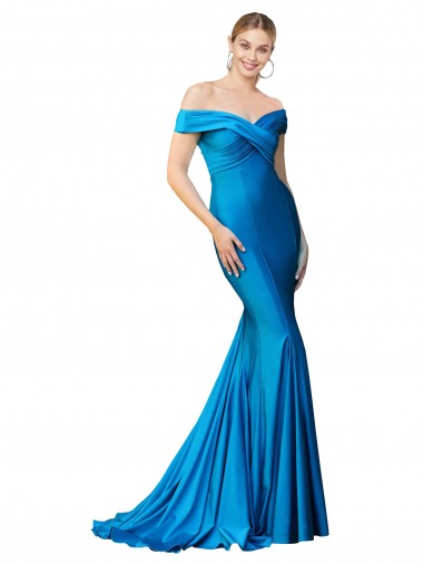 Affordable Satin Peacock Blue Mermaid Off the Shoulder Long Evening Dress UK