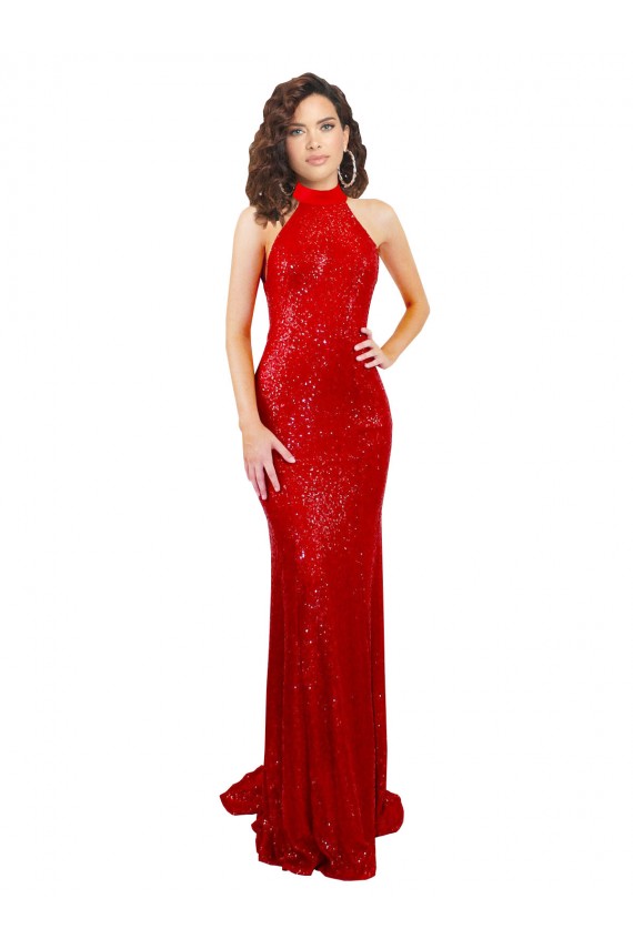 Affordable Sequin Red Mermaid Halter Neck Long Evening Dress UK