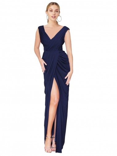 Affordable Soft Chiffon Dark Navy Mermaid V-Neck Long Sexy Evening Dress UK